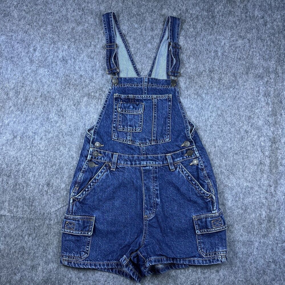 Cotton On Brand Women's Denim Short Overalls Dark Wash Blue Denim Cargo Size 2